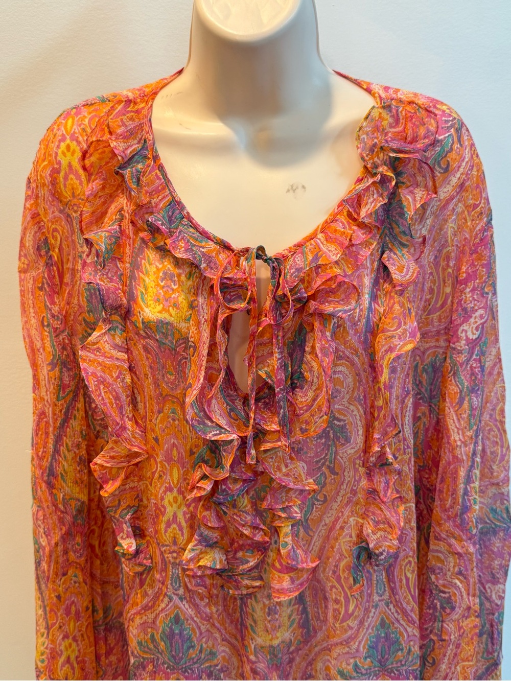 Ralph Lauren Pink Orange Paisley Ruffle Tie-Neck Blouse Silk Long Sleeve Size 3X